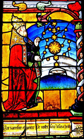 Le 4e jour, Dieu crée le Soleil et les étoiles, verrière de la Genèse, église de la Madeleine (Troyes), Nicolas Cordonnier, 1506