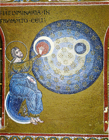Le 4e jour, Dieu crée le Soleil, la Lune et les étoiles, mosaïque de la cathédrale de Monreale, Sicile, fin du XIe siècle