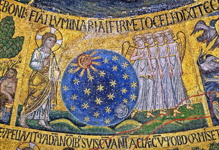 Le 4e jour, Dieu crée le Soleil, la Lune et les étoiles, mosaïque de Saint Marc de Venise (entre 1215 et 1235)