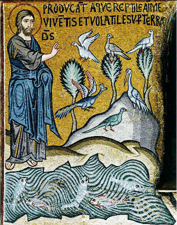 Le 5e jour, Dieu crée les poissons et les oiseaux, mosaïque de la Chapelle Palatine (1140 -1170), Palerme (Sicile)