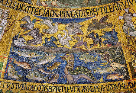 Le 5e jour, Dieu crée les poissons et les oiseaux, mosaïque de Saint Marc de Venise (entre 1215 et 1235)