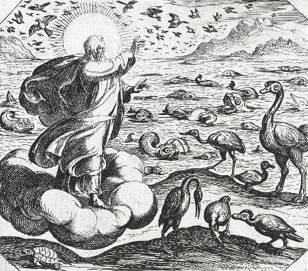 Le 5e jour, Dieu crée les poissons et les oiseaux, gravure (tirage vers 1600) du florentin Antonio Tempesta (1555 – 1630)