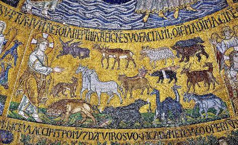 Le 6e jour, Dieu crée les animaux terrestres, mosaïque de Saint Marc de Venise (entre 1215 et 1235)