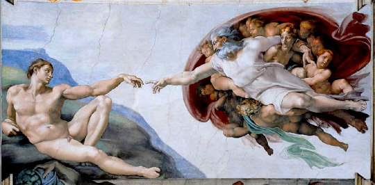 Le 6e jour, Dieu crée le premier homme, Adam, par Michel Ange entre 1508 et 1512, plafond de la Chapelle Sixtine (Vatican)