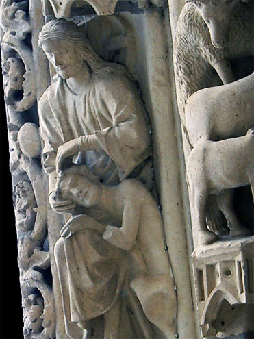 Le 6è jour, Dieu crée Adam en le façonnant à partir d'un bloc d'argile (2e chapitre de la Genèse), portail Nord de la cathédrale de Chartres