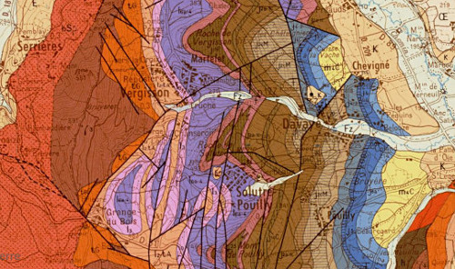 Extrait de la carte géologique de Mâcon à 1/50 000 centré sur les roches de Solutré et de Vergisson (Saône-et-Loire)