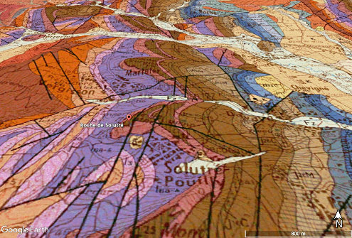 Superposition de la carte géologique de Mâcon à 1/50 000 à la topographie
