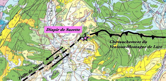 Localisation du diapir de Suzette à la limite entre la faille de Nîmes et le chevauchement du Ventoux-Montagne de Lure