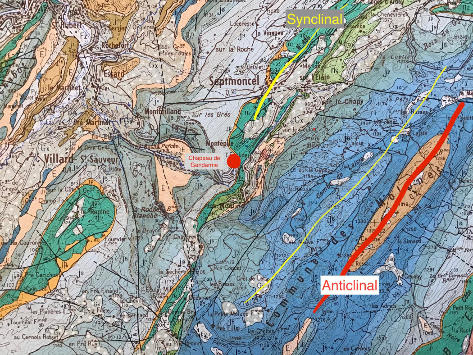 Extrait de la carte géologique de Saint-Claude montrant la géologie du secteur du Chapeau de Gendarme (Jura)