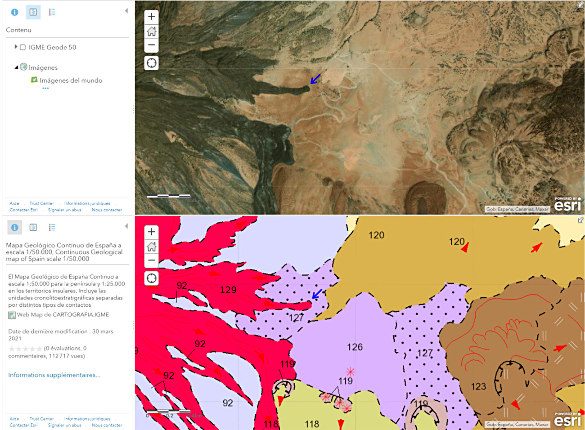 Comparaison entre la vue satellite et la carte géologique vectorisée à 1/25 000 d'Espagne