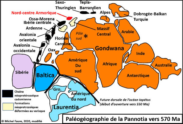 Reconstitution (centrée sur le pôle Sud) de la Pangée pannotienne vers 570 Ma