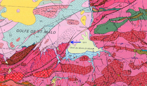 Extrait de la carte géologique à 1/1©000 000 couvrant les environs de la Pointe du Grouin (flèche bleue)