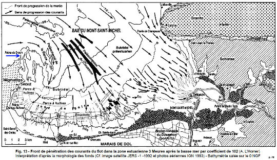 Carte des courants de marée (marée montante) dans la Baie du Mont Saint-Michel