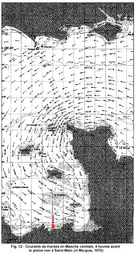 Carte des courants de marée dans la région de l'ile de La Dame Jouanne (flèche rouge), un des agents géologiques agissant sur l'ensablement (plus ou moins important) des plages de la région de Saint-Malo
