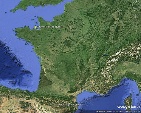Localisation de l'ile de La Dame Jouanne sur une image satellite de la France