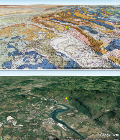 Carte géologique et vue aérienne du secteur de Villebois (Ain)