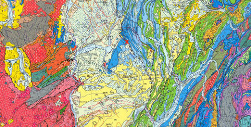 Cadre géologique de la Carrière du Mas de Villebois (croix rouge) entre Jura, Alpes et Massif Central