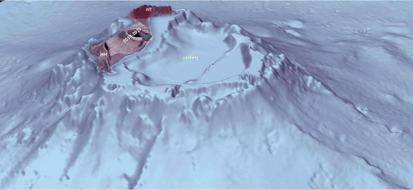 Modèle 3D du volcan Hunga Tonga-Hunga Ha'apai et de sa part (majoritaire) immergée tel qu’il était après l'éruption de 2014-2015 et avant l'éruption de 2021-2022