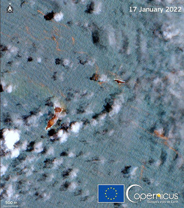 Image satellite de ce qui reste du Hunga Tonga-Hunga Ha'apai le 17 janvier 2022, deux jours après l'explosion du 15 janvier