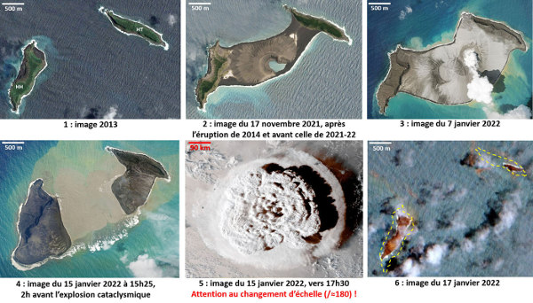Montage d'images satellites du volcan Hunga Tonga-Hunga Ha'apai entre 2013 et le 17 janvier 2022