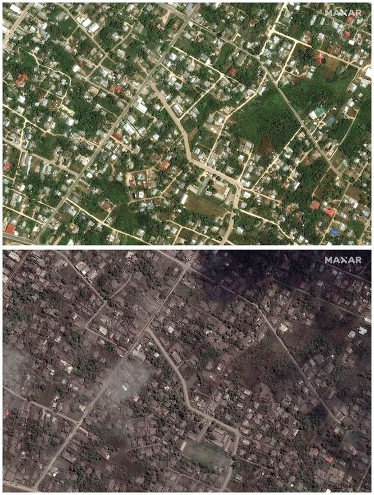 Images satellites de Nuku'alofa (la capitale des Tonga distante de 65-70 km du volcan) avant l'explosion (en haut) et le 18 janvier, trois jours après l'explosion (en bas)