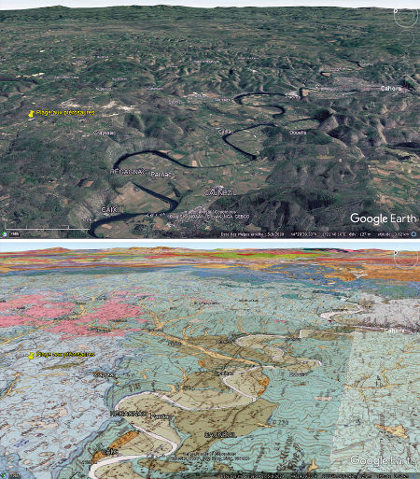 Vue aérienne et vue géologique de la région de Crayssac (près de Cahors, Lot)