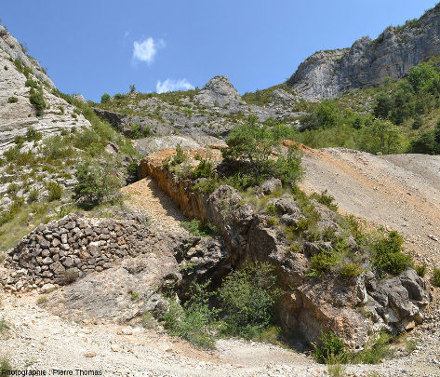 Vue sur le filon de calcite minéralisée partiellement évidé et formant maintenant une tranchée plus ou moins rebouchée, Orpierre (Hautes-Alpes)