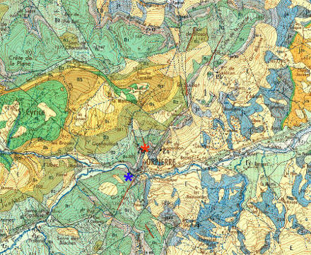 Extrait de la carte géologique à 1/50 000 de Serres, centrée sur le village d'Orpierre (Hautes-Alpes)