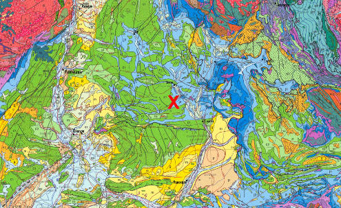 Extrait de la carte géologique de la France à 1/1 000 000 montrant la localisation d'Orpierre (croix rouge)