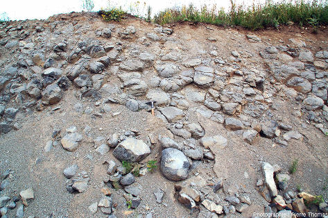 Ancien front de taille (état de 2006) au Sud de la carrière de Roure montrant l'altération en boule de ces basaltes, avec structure en pelures d'oignon caractéristique