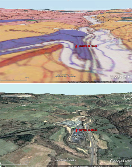 Carte géologique et vue aérienne de l'extrémité aval de la coulée de basalte issue du Puy de Banson