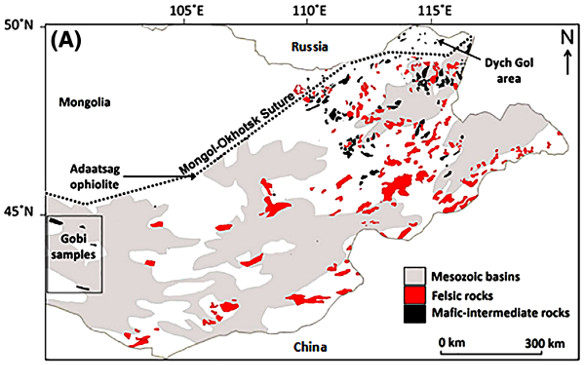 Carte schématique de la Mongolie montrant la distribution des laves basiques (mafic) à intermédiaires mésozoïques