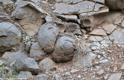 Boules de basalte altéré en place dans la carrière de Nolhac (Haute-Loire)
