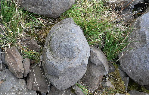 Une boule de basalte dans la carrière de Nolhac (Haute-Loire)