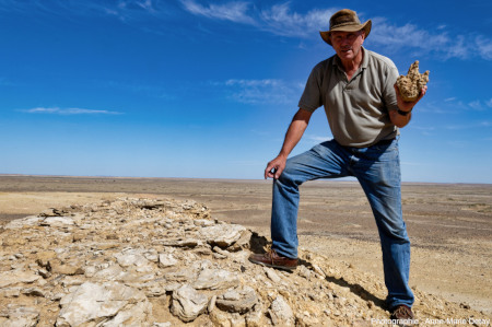 Michel Detay découvrant un moulage naturel de petit théropode dans le désert de Gobi