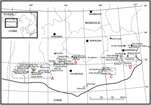 Carte de localisation de quelques sites fossilifères du Crétacé de Mongolie