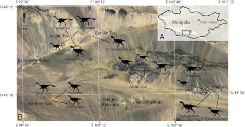 Carte des localités fossiles et des occurrences d'oviraptorosaures dans le bassin de Nemegt, Gobi, Mongolie