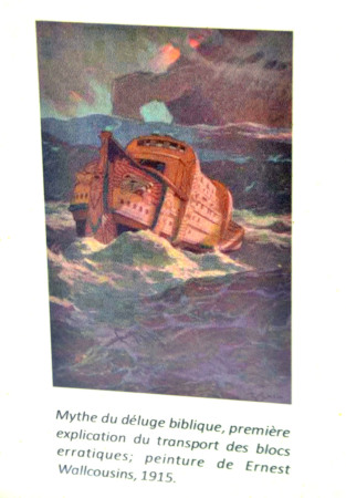 Détail montrant une peinture représentant l'Arche de Noé pour illustrer la théorie du Déluge transportant les blocs erratiques, Monthey, Suisse