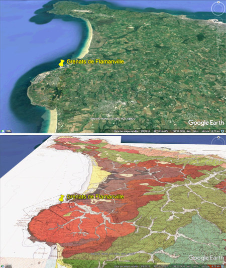 Vue aérienne et carte géologique des environs du granite de Flamanville (Manche)