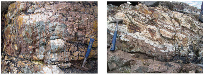 Deux vues des affleurements des cornéennes à grenats de Dielette, dans l'auréole de métamorphisme de contact du granite de Flamanville (Manche)