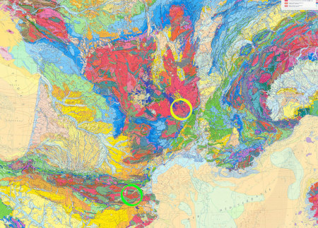 Extrait de carte géologique du Sud de la France localisant le massif du Canigou (cercle vert) et le sud du Dôme du Velay (cercle jaune)