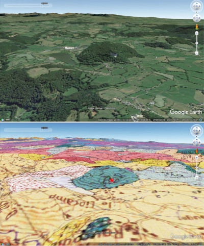 Vue aérienne et carte géologique centrées sur le dôme trachytique de Menoyre (commune de Menet, Cantal)