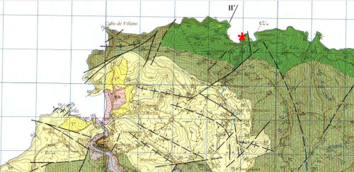 Extrait de la carte géologique d'Algorta à 1/50 000, montrant la localisation d'Armitza (astérisque rouge) dans les terrains albo-cénomaniens