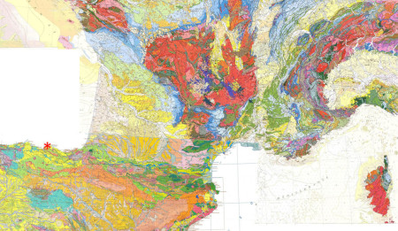 Mosaïque des cartes géologiques 1/1 000 000 de France et d'Espagne localisant Armitza (astérisque rouge)