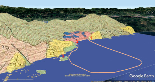 Extrait de la carte géologique à 1/50 000 de Bermeo mis en relief sur une image Google Earth