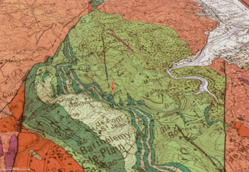 Carte géologique correspondant à la photo aérienne précédente, Ardèche
