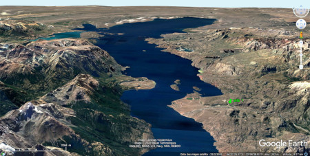 Localisation du site 1 (punaise verte) dans la moitié orientale du lac Général Carrera-Buenos Aires (Patagonie)