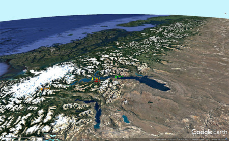 Vue générale du lac Général Carrera-Buenos Aires, au niveau du versant oriental de la Cordillère des Andes de Patagonie