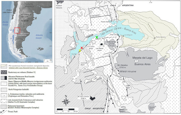 Carte géologique simplifiée du secteur du lac Général Carrera-Buenos Aires, et sa localisation/situation (carré rouge) lors du dernier maximum glaciaire (carte en haut à gauche)