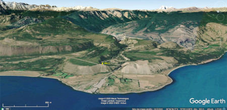 Vue aérienne du site 3, autre système de deltas emboités, bordure du lac Général Carrera-Buenos Aires (Patagonie chilienne)